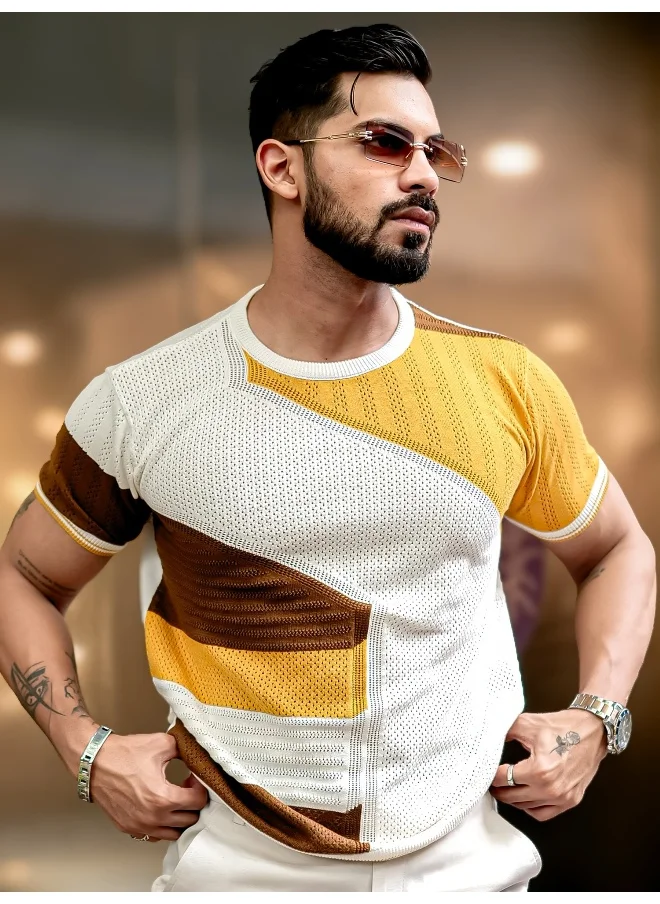 Maniac Maniac Mens Half Sleeve White and Mustard Sheernet Flat Knit Cotton T-Shirt