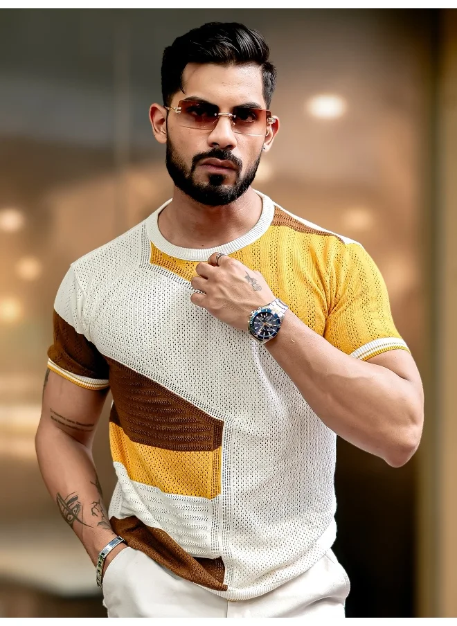 Maniac Maniac Mens Half Sleeve White and Mustard Sheernet Flat Knit Cotton T-Shirt