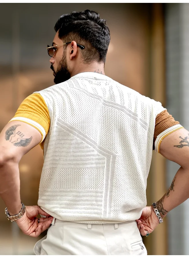Maniac Maniac Mens Half Sleeve White and Mustard Sheernet Flat Knit Cotton T-Shirt