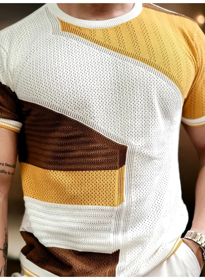 Maniac Maniac Mens Half Sleeve White and Mustard Sheernet Flat Knit Cotton T-Shirt