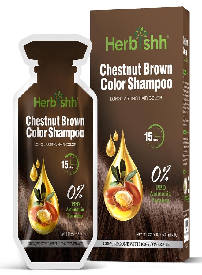 Herbishh Chestnut Brown Hair Shampoo, Hair Color for Gray Coverage, 3 in 1 Hair Dye Shampoo - champu para tenir el cabello, Colors in Minutes, Easy to Use PPD Free Pouch 30mlx10p - Image 1