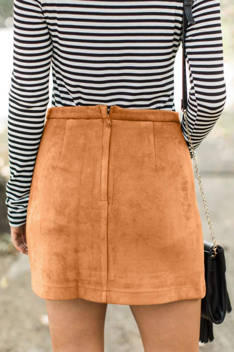 Meyeeka Women Classic High Waist Button Up Bodycon Faux Suede A Line Mini Pencil Skirt L Khaki - Image 4