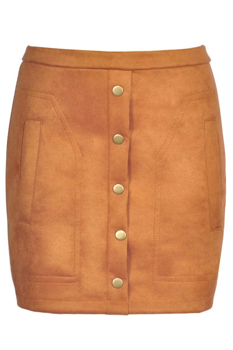 Meyeeka Women Classic High Waist Button Up Bodycon Faux Suede A Line Mini Pencil Skirt L Khaki - Image 5