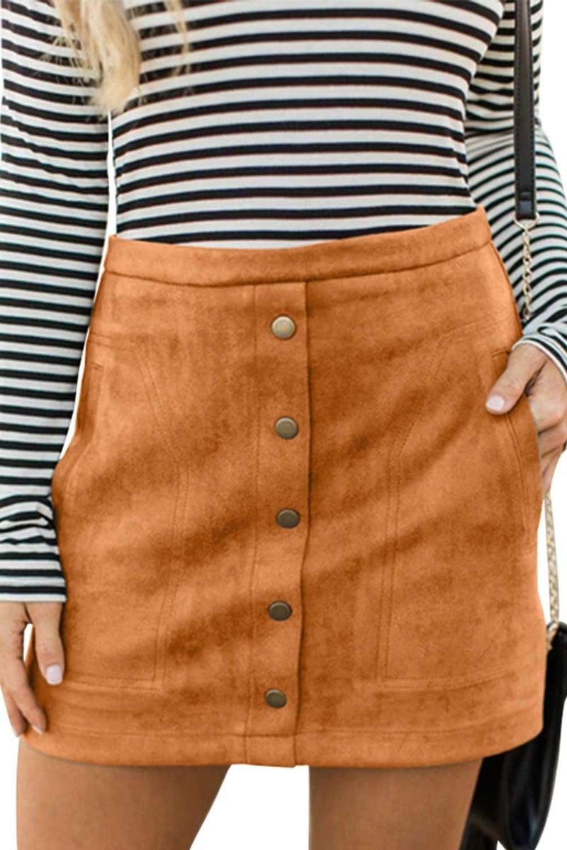Meyeeka Women Classic High Waist Button Up Bodycon Faux Suede A Line Mini Pencil Skirt L Khaki - Image 1