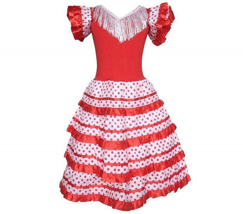 AMINA Flamenco Dress for Girl with ruffles on the skirt with detail of ruffles and polka dots on the skirt Costumes of Spanish Folkloric Andalusian Flamenco Red white 10