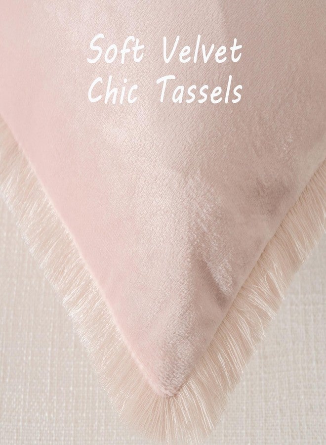 FUTEI Pink Velvet Decorative Throw Pillow Covers 18x18 Set of 2,Soft Cozy Edge with Tassels Cushion Case,Boho Modern Home Decor for Couch Bed Living Room - Image 2
