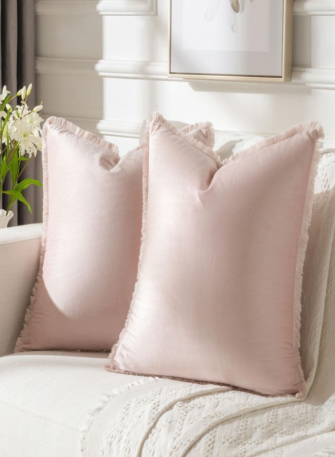 FUTEI Pink Velvet Decorative Throw Pillow Covers 18x18 Set of 2,Soft Cozy Edge with Tassels Cushion Case,Boho Modern Home Decor for Couch Bed Living Room - Image 1