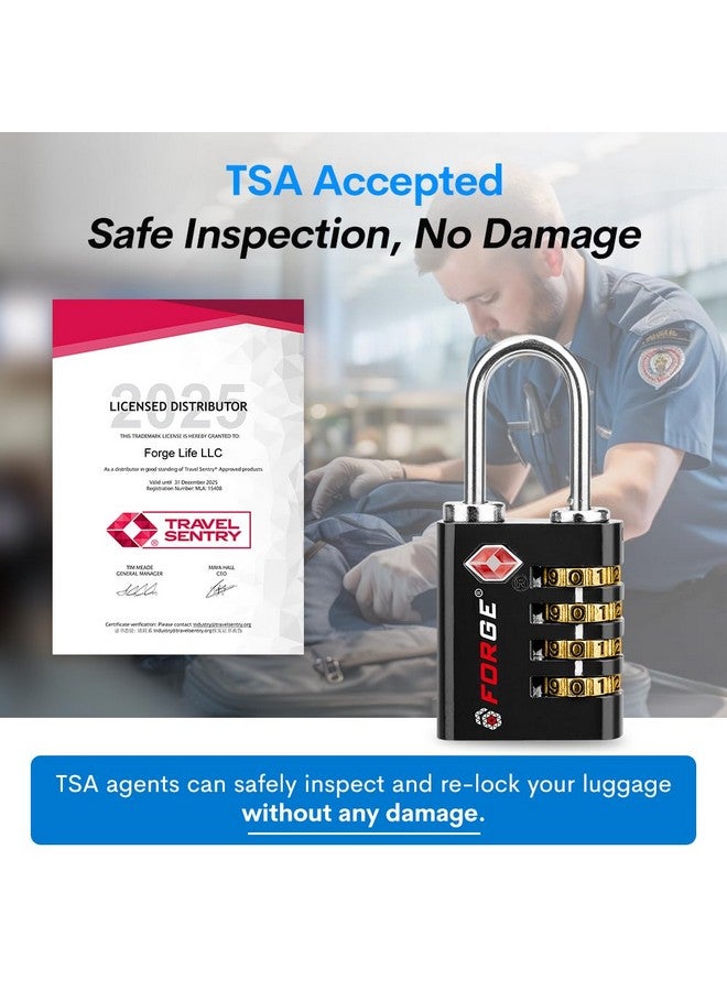 فورج قفل فورج ثنائي الفتح: مفتاح أو تركيبة، أقفال معتمدة من إدارة أمن النقل (TSA) للأمتعة، وحقائب بيليكان، والسفر، والصالات الرياضية، والمدرسة، مع قفل من الفولاذ المقاوم للصدأ. (أسود، عبوة من 4 قطع)  - Image 1