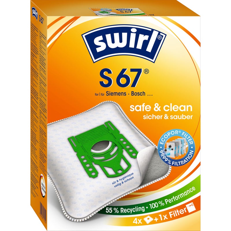 Swirl S 67 Vacuum Cleaner Bags Ideal For Pet Owners For Siemens Bosch Vacuum Cleaners Pack of 4 Bags  1 AntiAllergen Filter