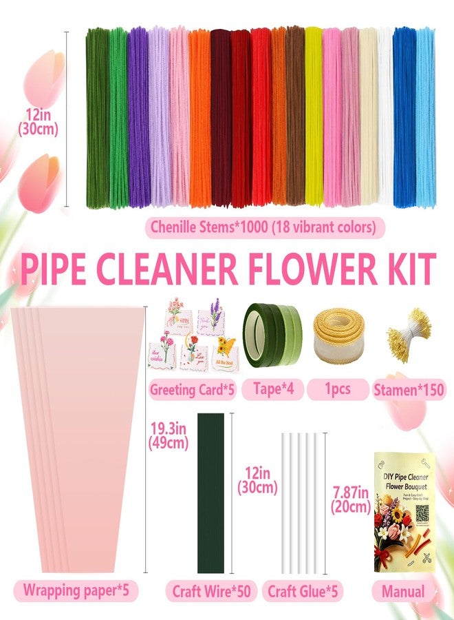 Irosiy 18-Color 1000pc Chenille Pipe Cleaner Flower Kit w/Tutorials & DIY Bouquet - Image 2