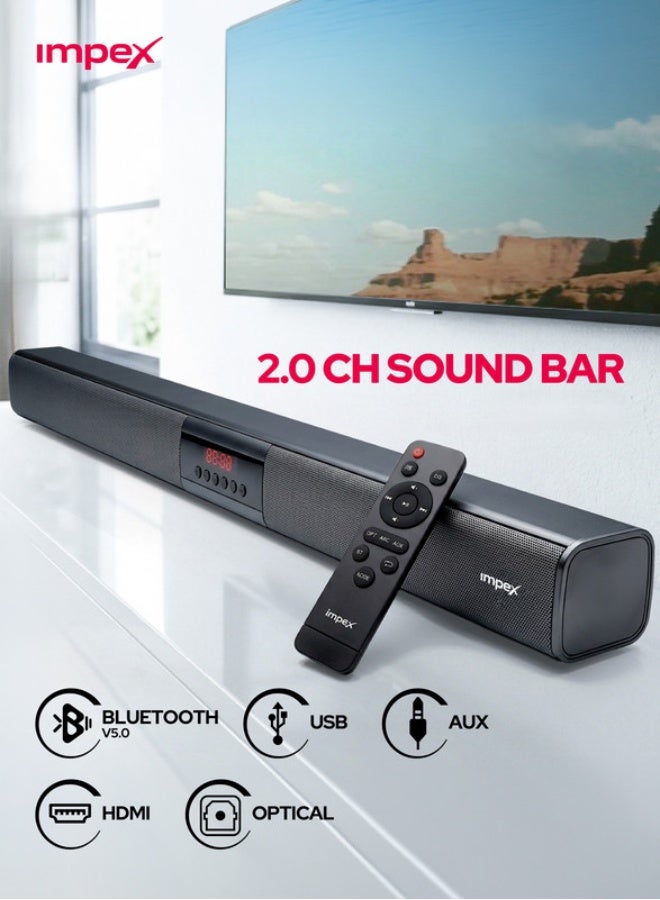 Impex 2.0 Channel Soundbar Speaker Cinema with 4000W PMPO Power, Party Speaker Music and Song Player Sub Woofer, Home Sound Speaker Entertainment Sound Bar, Bluetooth Version 5.0 Home Theatre, LED Display, Remote Control, USB/AUX/HDMI/Optical Inputs - SB1401, Black SB 1401 Black - Image 1