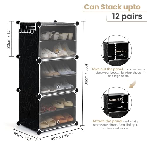 KEEKOS Shoe Rack Multipurpose 5 Shelves Shoe Rack with Zip Door Cover & Side Pockets, Multiuse Wide Shelve,Rack for Footwear, Toys, Clothes (Black, 6-Layer) - Image 3