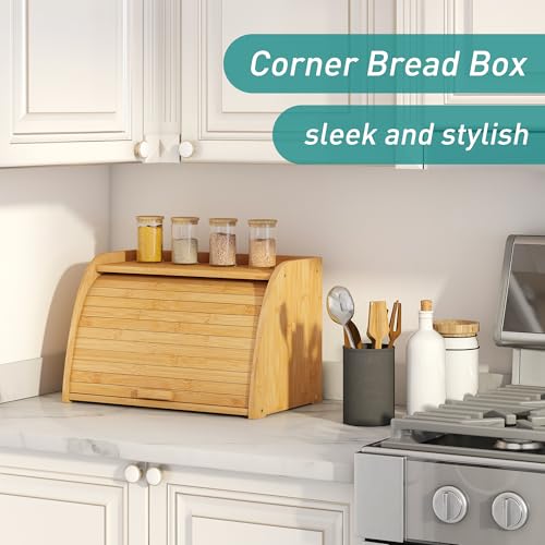Vriccc Bread Box for Kitchen Countertop, Large Bamboo Wood Bread Box, Wooden Corner Bread Storage Capacity - Image 3