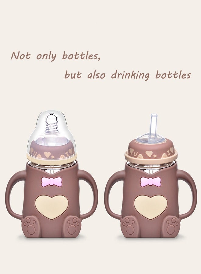 Baby Sippy Cup 240ml brown Glass Bottle Newborn/Nursling Anti Choking, Anti Falling, Anti Bloating Dual-Use Children's Glass Bottle - Image 1