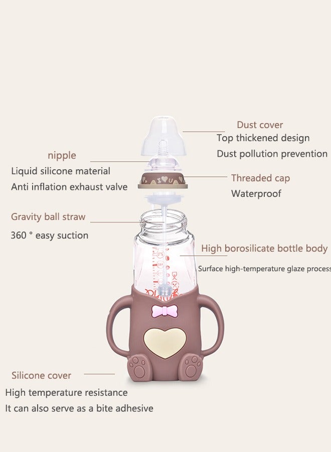 Baby Sippy Cup 240ml brown Glass Bottle Newborn/Nursling Anti Choking, Anti Falling, Anti Bloating Dual-Use Children's Glass Bottle - Image 3