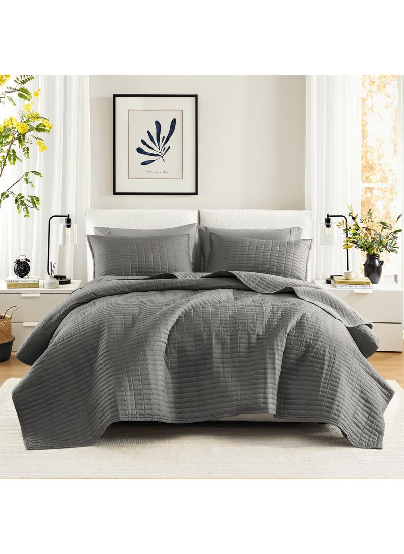 Comfort Spaces Comfort Spaces Kienna Quilt SetLuxury Double Sided Stitching Design Summer Blanket Lightweight Soft All Season Bedding Layer Matching Sham Charcoal Coverlet King 104x90 3 Piece 
