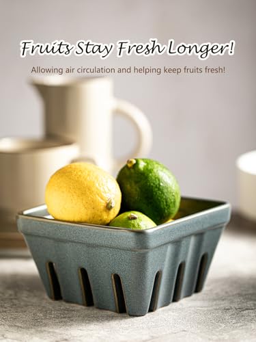 Gomakren Fruit Basket for Kitchen, Ceramic Berry Basket Set of 2, Fruit Bowl with Holes, 5.7 Inch Square Berry Containers for Fridge, Table, Modern Kitchen Decor, Slate Blue - Image 4