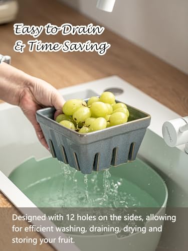 Gomakren Fruit Basket for Kitchen, Ceramic Berry Basket Set of 2, Fruit Bowl with Holes, 5.7 Inch Square Berry Containers for Fridge, Table, Modern Kitchen Decor, Slate Blue - Image 5