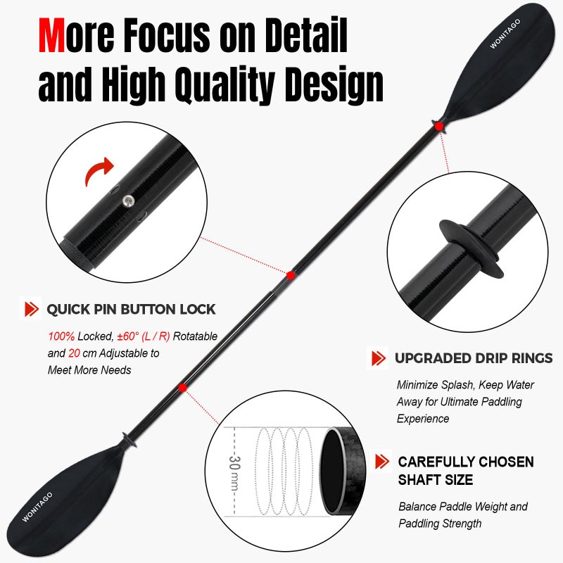 WONITAGO Kayak Paddle with Fiberglass Shaft and Reinforced Nylon Blade, Adjustable Kayaking Oars, 3 Piece, 230-250 cm/90-98 inches, Black - Image 5