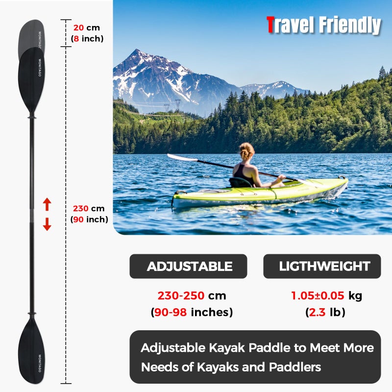 WONITAGO Kayak Paddle with Fiberglass Shaft and Reinforced Nylon Blade, Adjustable Kayaking Oars, 3 Piece, 230-250 cm/90-98 inches, Black - Image 4