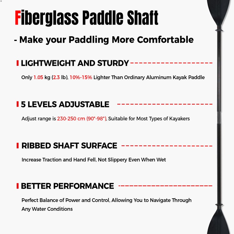 WONITAGO Kayak Paddle with Fiberglass Shaft and Reinforced Nylon Blade, Adjustable Kayaking Oars, 3 Piece, 230-250 cm/90-98 inches, Black - Image 3