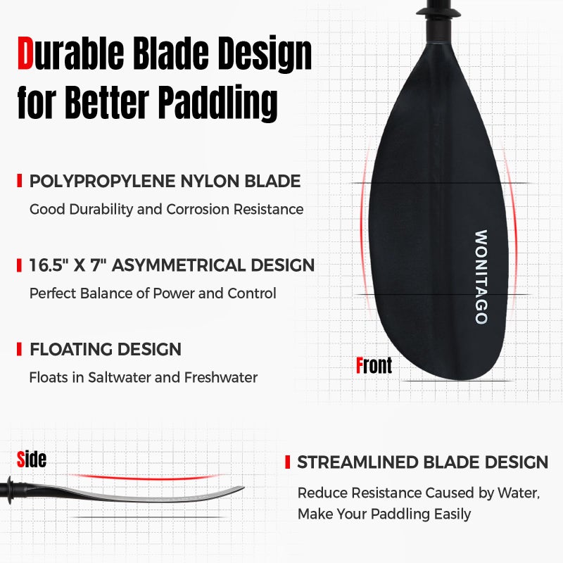WONITAGO Kayak Paddle with Fiberglass Shaft and Reinforced Nylon Blade, Adjustable Kayaking Oars, 3 Piece, 230-250 cm/90-98 inches, Black - Image 2