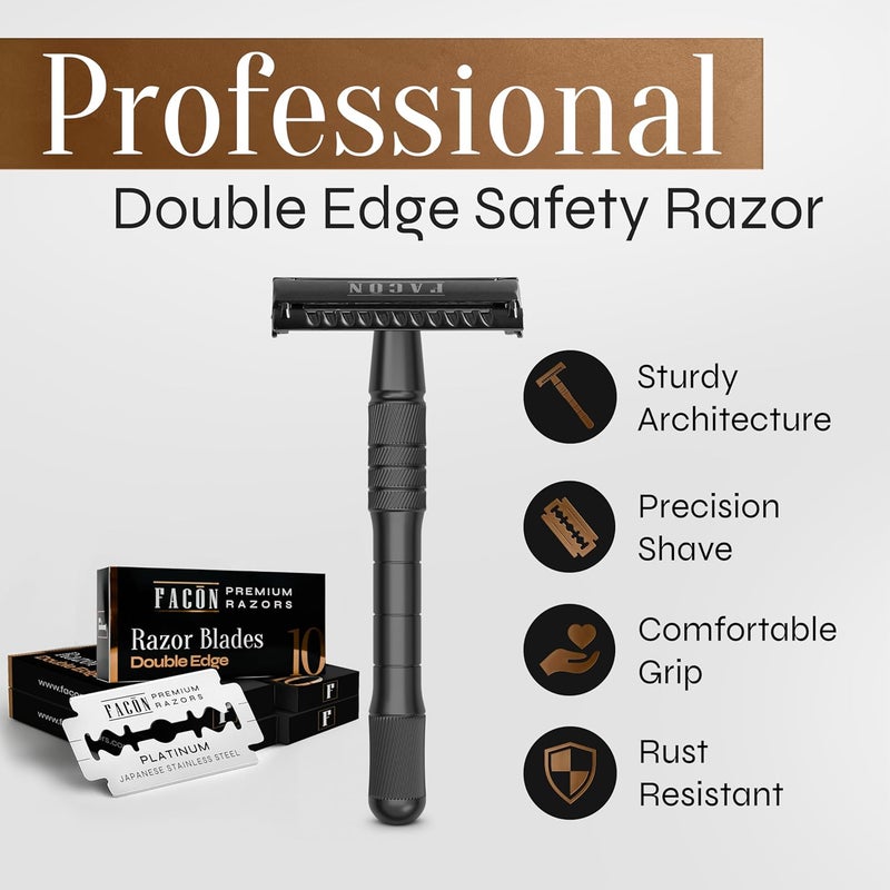 FACON Facón Double Edge Safety Razor for Men & Women - Butterfly Open Stainless Steel Razor w/ 50 Platinum Double Edge Safety Razor Blades, Single Blade Razor for Smooth Close Shave, Reusable & Eco-Friendly - Image 2