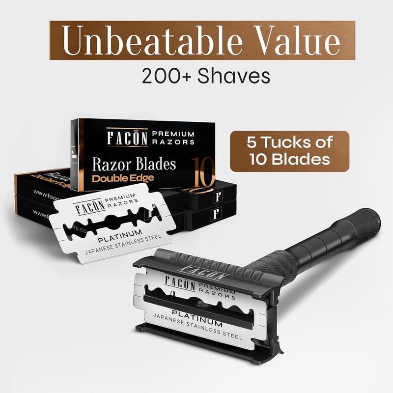 FACON Facón Double Edge Safety Razor for Men & Women - Butterfly Open Stainless Steel Razor w/ 50 Platinum Double Edge Safety Razor Blades, Single Blade Razor for Smooth Close Shave, Reusable & Eco-Friendly - Image 5