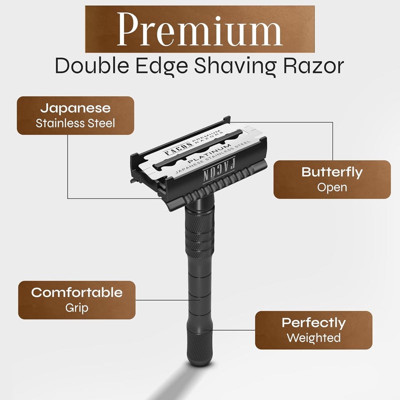 FACON Facón Double Edge Safety Razor for Men & Women - Butterfly Open Stainless Steel Razor w/ 50 Platinum Double Edge Safety Razor Blades, Single Blade Razor for Smooth Close Shave, Reusable & Eco-Friendly - Image 4