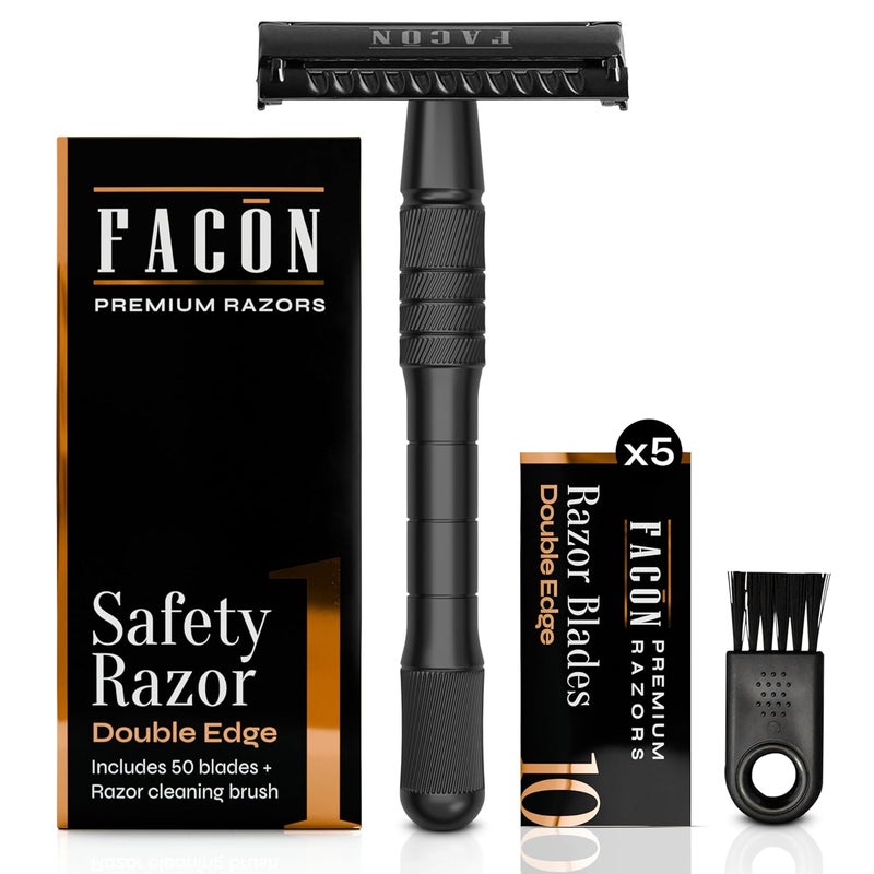 FACON Facón Double Edge Safety Razor for Men & Women - Butterfly Open Stainless Steel Razor w/ 50 Platinum Double Edge Safety Razor Blades, Single Blade Razor for Smooth Close Shave, Reusable & Eco-Friendly - Image 1