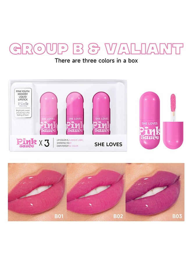 Sheloves Pink Sauce*3-Pink Youth Memory Liquid Lipstick, Long Lasting Waterproof Non-Stick Cup Not-Fade Shiny High Gloss Lip Gloss Set #B - Image 1