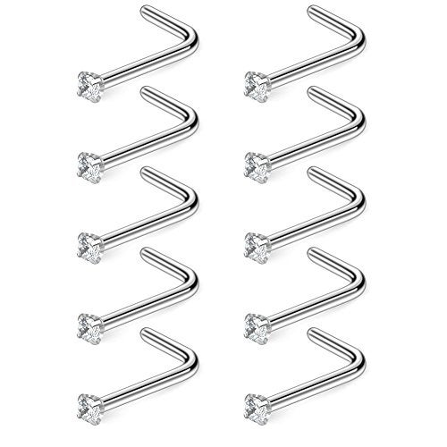 Ruifan 10PCS 18G Surgical Steel Clear Diamond CZ Nose Stud Rings L Shaped Piercing Jewelry 1.5mm - Image 1