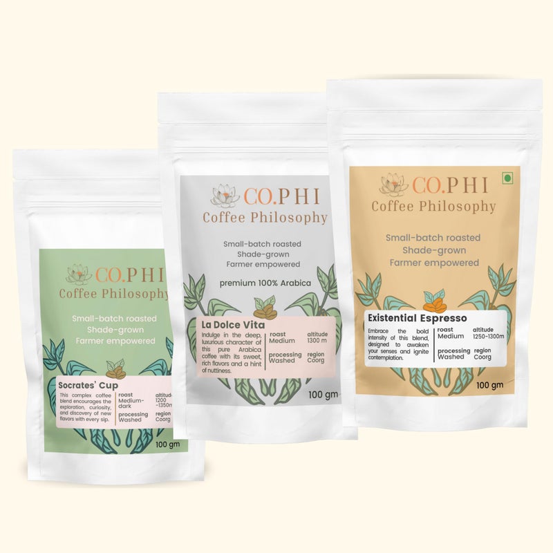CO.PHI Coffee Philosophy Sample Pack Artisan Medley (3 x 100 gms) French Press Grind, Ground Coffee, Arabica Robusta Blend, Coorg, La Dolce Vita, Eureka, Existential Espresso, Washed Process - Image 1