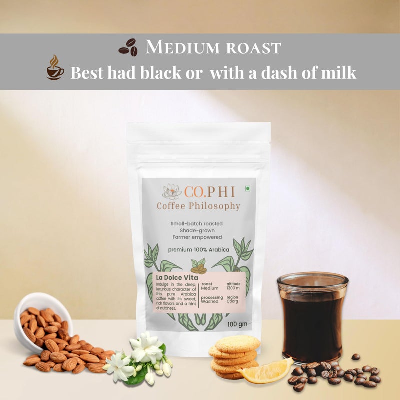 CO.PHI Coffee Philosophy Sample Pack Artisan Medley (3 x 100 gms) French Press Grind, Ground Coffee, Arabica Robusta Blend, Coorg, La Dolce Vita, Eureka, Existential Espresso, Washed Process - Image 3