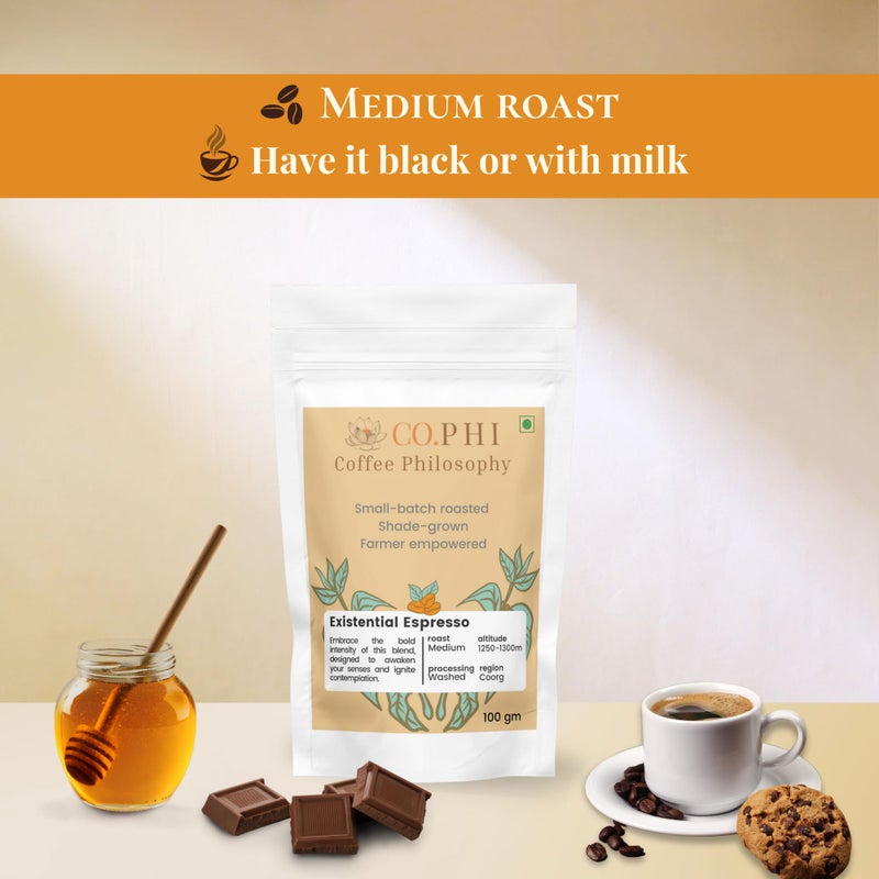 CO.PHI Coffee Philosophy Sample Pack Artisan Medley (3 x 100 gms) French Press Grind, Ground Coffee, Arabica Robusta Blend, Coorg, La Dolce Vita, Eureka, Existential Espresso, Washed Process - Image 4