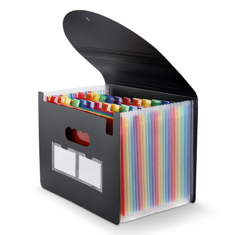 Maimis Expanding File Folder, 24 Pocket Accordion A4 Letter Size Portable Document Organizer with Colored Tabs, Expandable Bill Coupon Folder - Black - Image 1