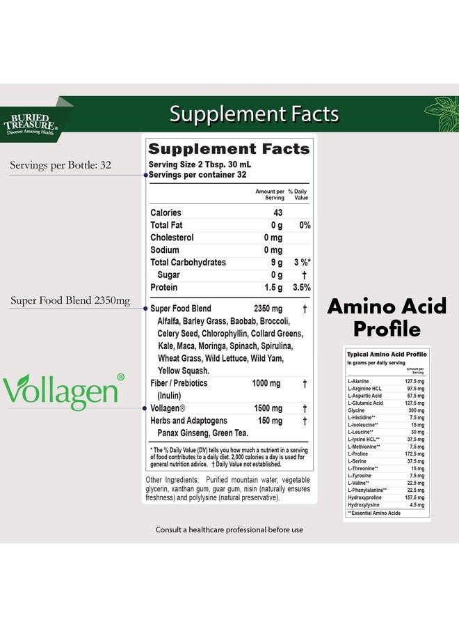 Buried Treasure Green20 Fusion - 32 Servings, Liquid Greens Drink, 16 Superfoods Spirulina, Spinach, Moringa, Green Tea, Kale, Ginseng, Vegan Collagen, Supports Energy, Immunity & Digestive Health - Image 2
