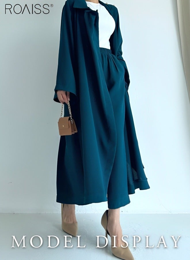 roaiss 2-Piece Women's Shirt And Pants Set Loose Fitting A-Line Shirt Long Sleeved Cardigan+Elastic Waist Design High Waist Wide Leg Pants - Image 1