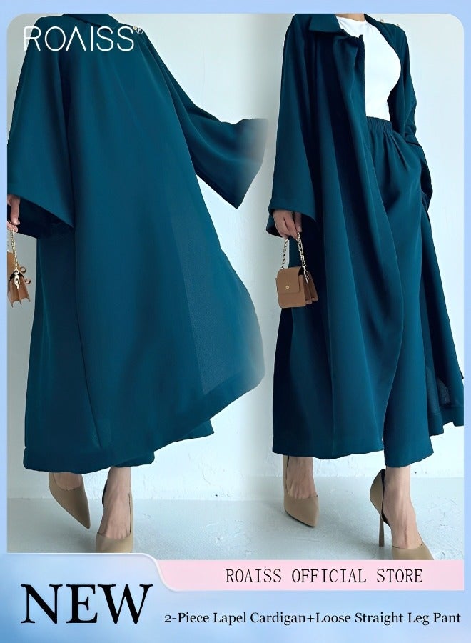 roaiss 2-Piece Women's Shirt And Pants Set Loose Fitting A-Line Shirt Long Sleeved Cardigan+Elastic Waist Design High Waist Wide Leg Pants - Image 2