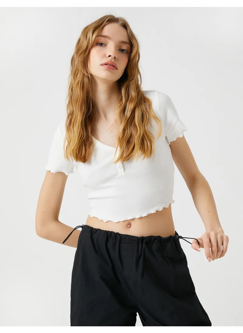 KOTON Crop T-Shirt Short Sleeve Cotton Buttoned V Neck