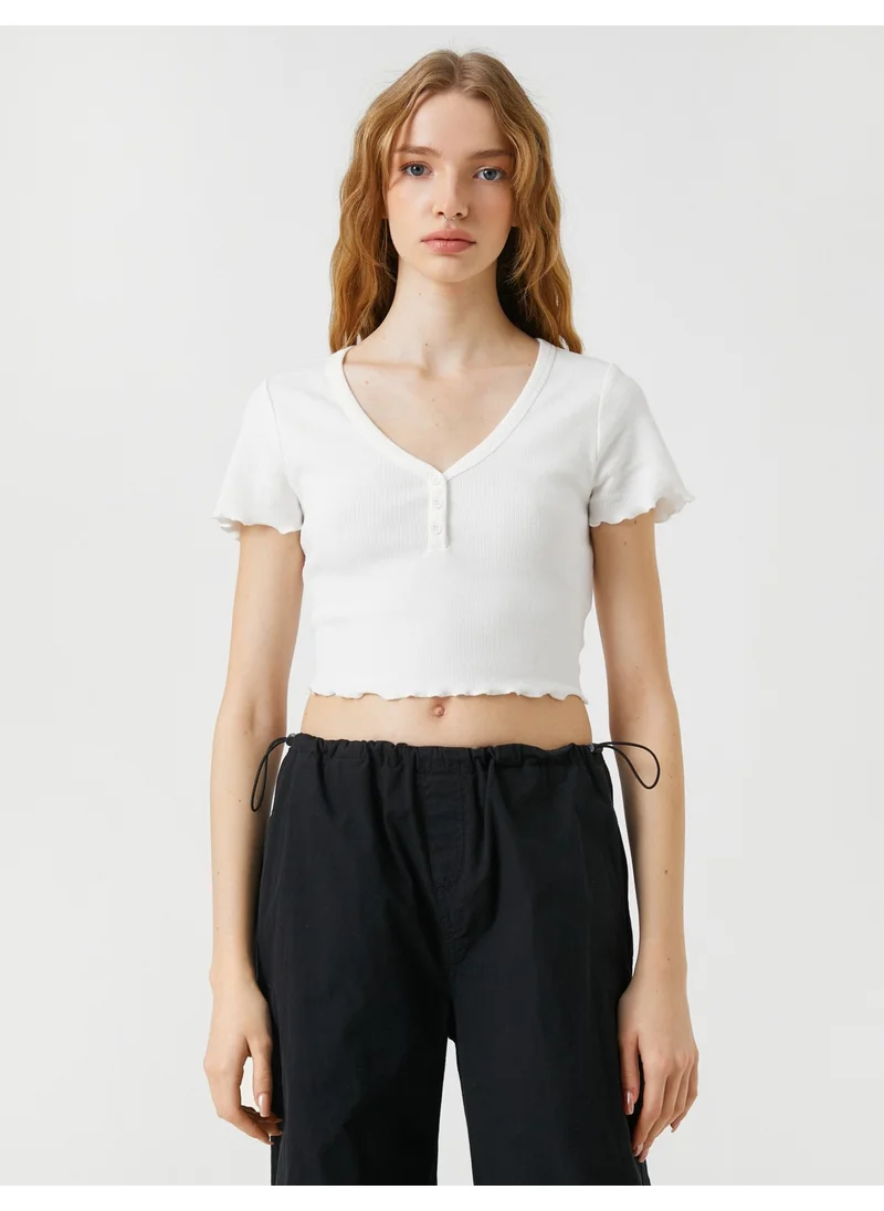KOTON Crop T-Shirt Short Sleeve Cotton Buttoned V Neck