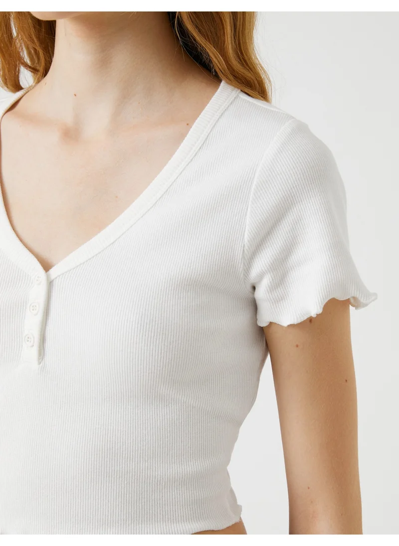 KOTON Crop T-Shirt Short Sleeve Cotton Buttoned V Neck