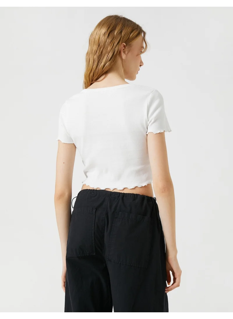 KOTON Crop T-Shirt Short Sleeve Cotton Buttoned V Neck