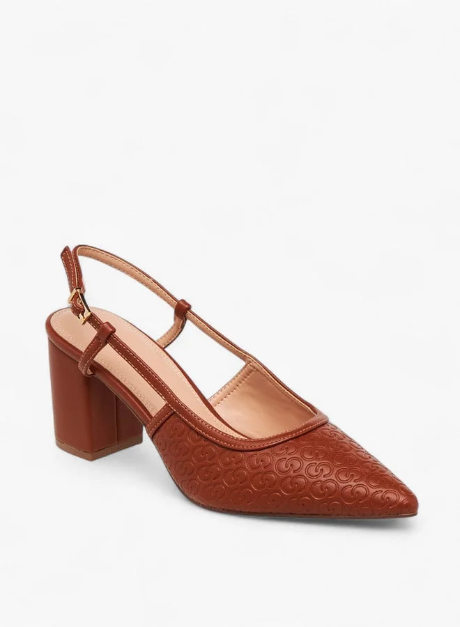 Celeste Women's Monogram Embossed Pointed Toe Shoes with Block Heels