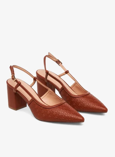 Celeste Women's Monogram Embossed Pointed Toe Shoes with Block Heels