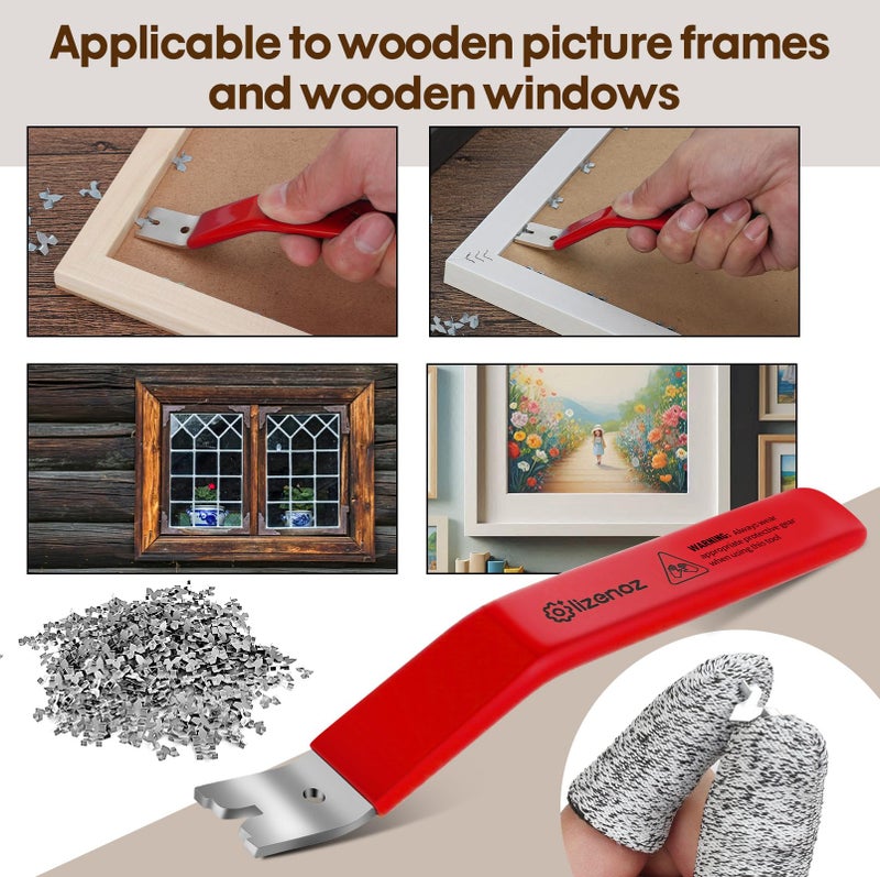 Lizenoz Red Glazier Point Driver Tool with 200 Glazing Points & 2 Finger Cots - for Framing Glass, Pictures, Cross Stitch - Rust-Resistant Iron/Zinc Push Points, Easy-Grip Handle - Image 5