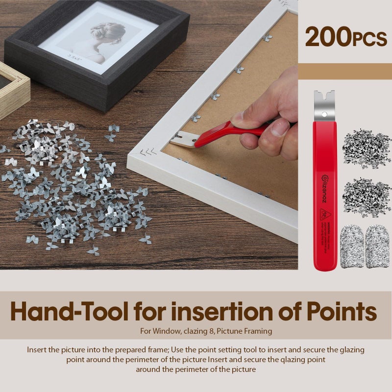 Lizenoz Red Glazier Point Driver Tool with 200 Glazing Points & 2 Finger Cots - for Framing Glass, Pictures, Cross Stitch - Rust-Resistant Iron/Zinc Push Points, Easy-Grip Handle - Image 2