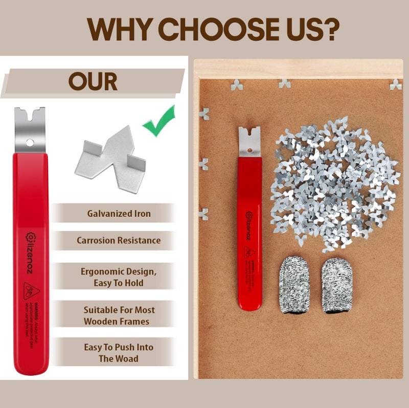 Lizenoz Red Glazier Point Driver Tool with 200 Glazing Points & 2 Finger Cots - for Framing Glass, Pictures, Cross Stitch - Rust-Resistant Iron/Zinc Push Points, Easy-Grip Handle - Image 4