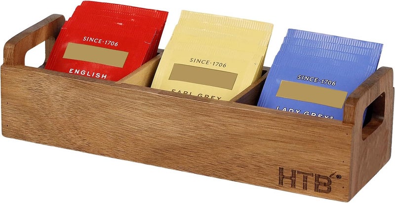 HTB Small Tea Bag Box Wooden, 3 Compartments Acacia Wood Tea Bag Chest with Handle, Mini Countertop Divided Storage Container for Beverage Supplies, Sugar, Sweeteners, Individual Packets - Image 1