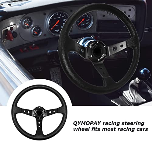 QYMOPAY Drifting Deep Dish Racing Steering Wheel, 6 Bolt Anti-Slip Leather and Aluminum Gaming Steering Wheel with Horn Button for Racing/Car Sim Driving/JDM Sports (Black) - Image 4